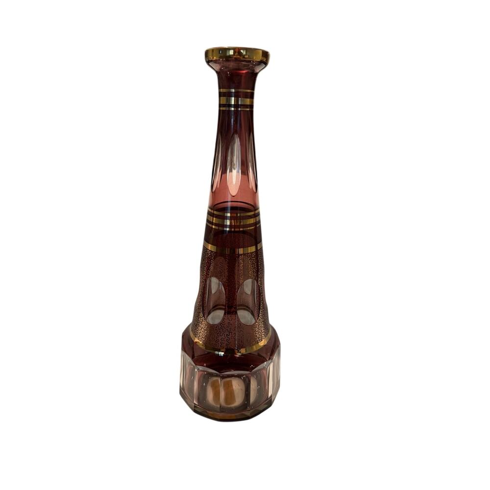 Bohemian Cranberry Cut-to-Clear Glass Bud Vase with Gold Gilt Decoration